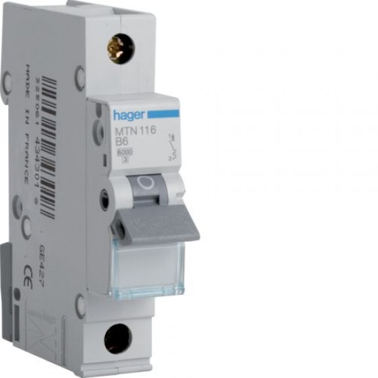 Hager 16A Single Pole MCB 6kA B Curve