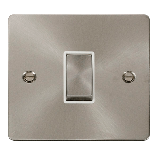Scolmore Click Define Flat plate FPBS411WH 10AX 1 Gang 2 Way Plate Switch Brushed Steel White Insert