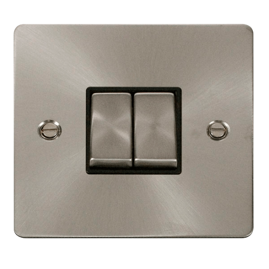 Scolmore Click Define Flat plate FPBS412BK 10AX 2 Gang 2 Way Plate Switch Brushed Steel Black Insert