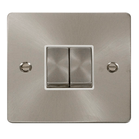 Scolmore Click Define Flat plate FPBS412WH 10AX 2 Gang 2 Way Plate Switch Brushed Steel White Insert
