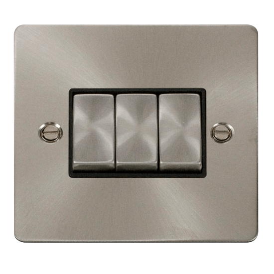 Scolmore Click Define Flat plate FPBS413BK 10AX 3 Gang 2 Way Plate Switch Brushed Steel Black Insert