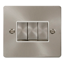 Scolmore Click Define Flat plate FPBS413WH 10AX 3 Gang 2 Way Plate Switch Brushed Steel White Insert