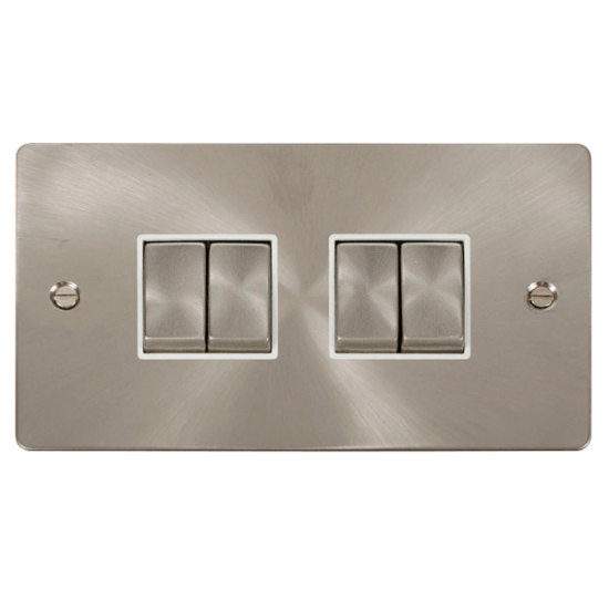 Scolmore Click Define Flat plate FPBS414WH 10AX 4 Gang 2 Way Plate Switch Brushed Steel White Insert