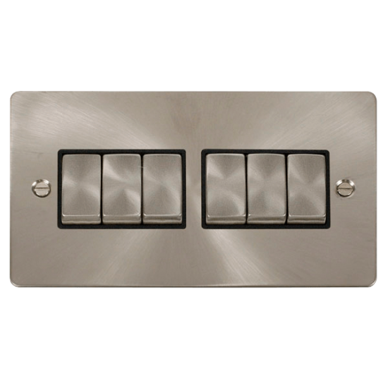 Scolmore Click Define Flat plate FPBS416BK 10AX 6 Gang 2 Way Plate Switch Brushed Steel Black Insert