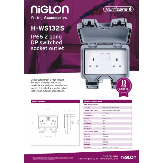 Niglon H-WS132S Outdoor weatherproof twin Plug Socket Switched 13amp