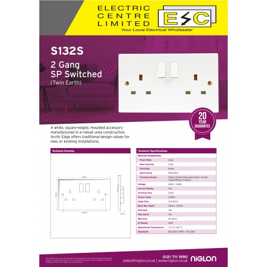 Niglon S132S 13 Amp Twin Switched Socket