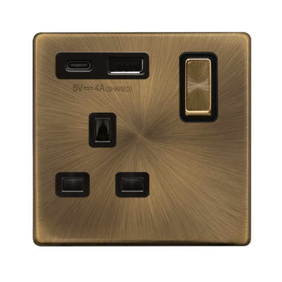 Scolmore Click Definity Complete SFAB585BK Ingot 13 Amp Single Switched Safety Shutter Socket Antique Brass Screwless Black Insert
