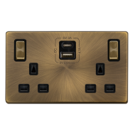 Scolmore Click Definity Complete SFAB586BK 13 Amp Ingot Twin Switched Safety Shutter Socket With Type A and C USB Outlets Antique Brass Screwless Black Insert 