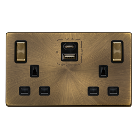 Scolmore Click Definity Complete SFAB586BK 13 Amp Ingot Twin Switched Safety Shutter Socket With Type A and C USB Outlets Antique Brass Screwless Black Insert