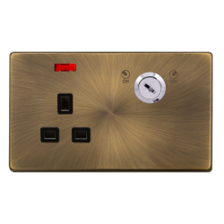 Scolmore Click Definity Complete SFAB655BK 13 Amp Single Double Pole Key Lockable Socket With Neon Antique Brass Screwless Black Insert