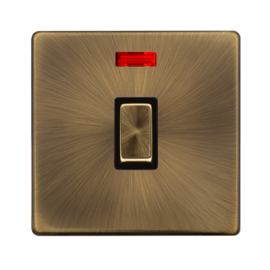 Scolmore Click Definity Complete SFAB723BK 20 Amp Ingot Double Pole Switch With Neon Antique Brass Screwless Black Insert