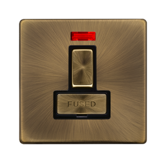 Scolmore Click Definity Complete SFAB752BK 13 Amp Ingot Switched Fused Connection Unit With Neon Screwless Antique Brass Black Insert