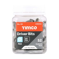 Timco 2CB25GJ No2x25mm Pozi Driver Bit 100 pack