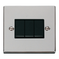 Scolmore Click Deco VPCH013BK 3 Gang 2 Way 10Amp Light Switch Polished Chrome Black Inserts