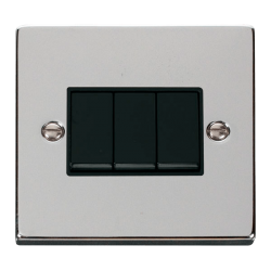 Scolmore Click Deco VPCH013BK 3 Gang 2 Way 10Amp Light Switch Polished Chrome Black Inserts