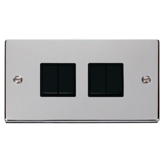 Scolmore Click Deco VPCH019BK 4 Gang 2 Way 10Amp Light Switch Polished Chrome Black Inserts