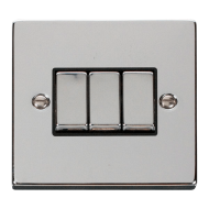 Scolmore Click Deco VPCH413BK 10Amp 3 Gang 2 Way Plate Switch Polished Chrome Black Inserts