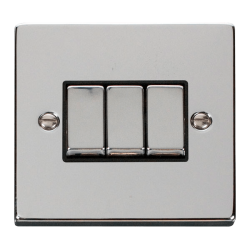 Scolmore Click Deco VPCH413BK 10Amp 3 Gang 2 Way Plate Switch Polished Chrome Black Inserts