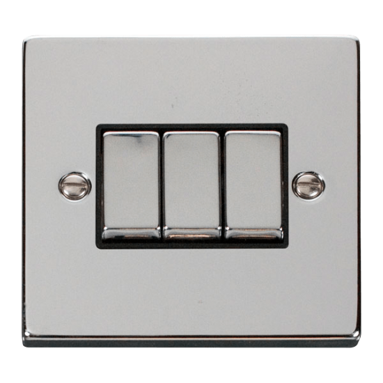 Scolmore Click Deco VPCH413BK 10Amp 3 Gang 2 Way Plate Switch Polished Chrome Black Inserts