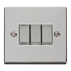 Scolmore Click Deco VPCH413WH 10AX 3 Gang 2 Way Plate Switch Polished Chrome White Inserts