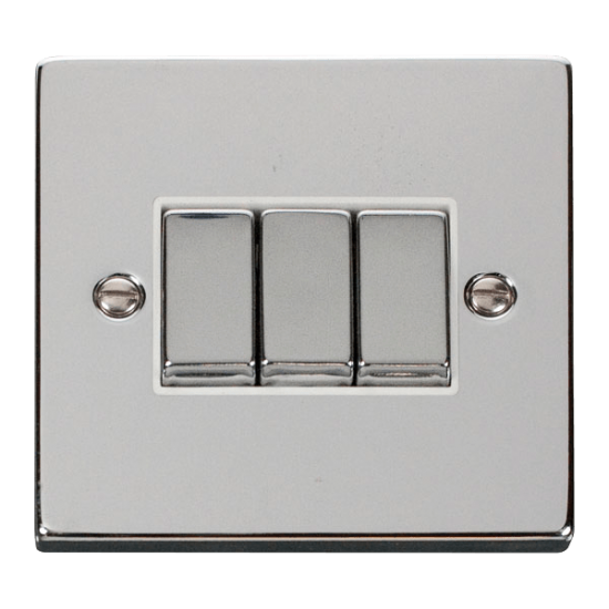 Scolmore Click Deco VPCH413WH 10AX 3 Gang 2 Way Plate Switch Polished Chrome White Inserts