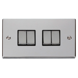 Scolmore Click Deco VPCH414BK 10Amp 4 Gang 2 Way Plate Switch Polished Chrome Black Inserts
