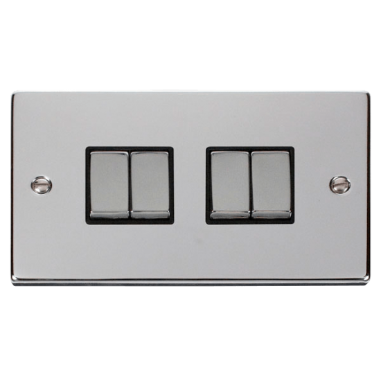 Scolmore Click Deco VPCH414BK 10Amp 4 Gang 2 Way Plate Switch Polished Chrome Black Inserts