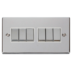 Scolmore Click Deco VPCH416WH 10Amp 6 Gang 2 Way Plate Switch Polished Chrome White Inserts