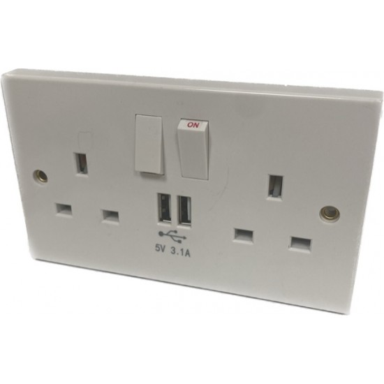Niglon S132USB-3 13 Amp Twin Switched Socket with 3.1A USB X 2