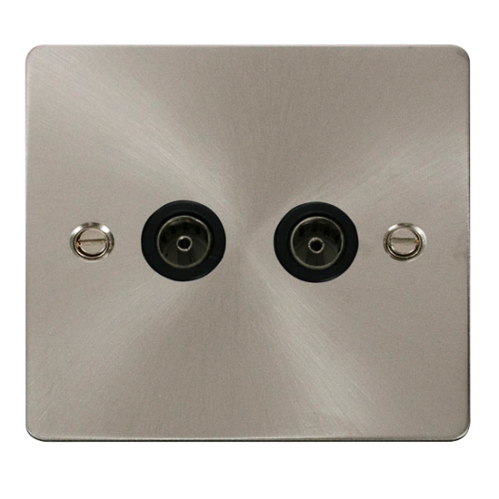 Scolmore Click Define Flat plate FPBS066BK Twin Non-Isolated Coaxial Outlet Brushed Steel With Black Insert