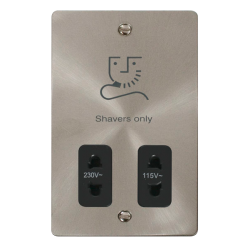 Scolmore Click Define Flat plate FPBS100BK 115V/230V Dual Voltage Shaver Socket Outlet Brushed Steel With Black Insert