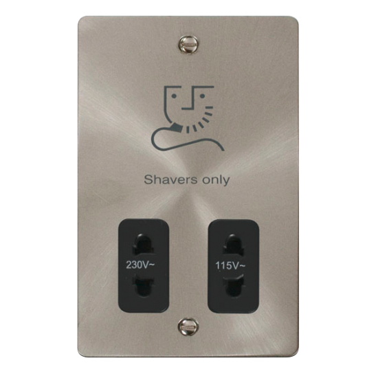 Scolmore Click Define Flat plate FPBS100BK 115V/230V Dual Voltage Shaver Socket Outlet Brushed Steel With Black Insert