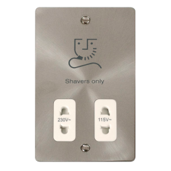 Scolmore Click Define Flat plate FPBS100WH 115V/230V Dual Voltage Shaver Socket Outlet Brushed Steel White Insert