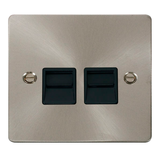 Scolmore Click Define Flat plate FPBS126BK Twin Telephone Outlet (Secondary) Brushed Steel With Black Insert