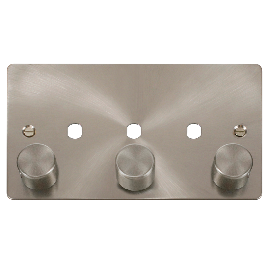 Scolmore Click Define Flat plate FPBS153PL 2 Gang Unfurnished Dimmer Plate & Knobs (1200W Max) - 3 Apertures Brushed Steel