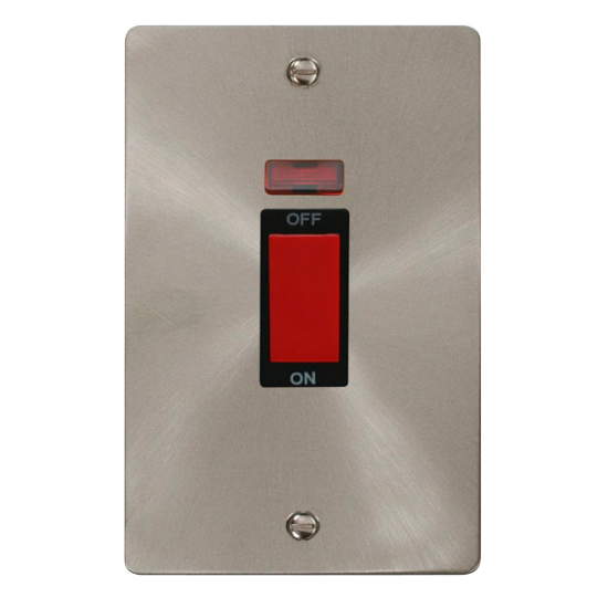 Scolmore Click Define Flat plate FPBS203BK 45A 2 Gang (Vertical) DP Plate Switch With Neon Brushed Steel Black Insert