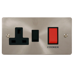 Scolmore Click Define Flat plate FPBS204BK 45A 2 Gang DP Switch With 13A DP Switched Socket Outlet Brushed Steel Black Insert
