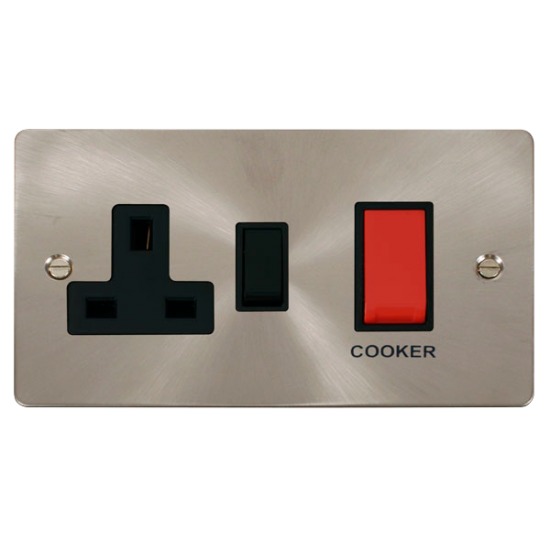 Scolmore Click Define Flat plate FPBS204BK 45A 2 Gang DP Switch With 13A DP Switched Socket Outlet Brushed Steel Black Insert