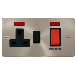 Scolmore Click Define Flat plate FPBS205BK 45A 2 Gang DP Switch With 13A DP Switched Socket Outlet & Neons Brushed Steel Black Insert
