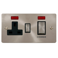 Scolmore Click Define Flat plate FPBS505BK 45A 2 Gang DP Switch With 13A DP Switched Socket Outlet & Neons Brushed Steel Black Insert