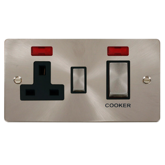 Scolmore Click Define Flat plate FPBS505BK 45A 2 Gang DP Switch With 13A DP Switched Socket Outlet & Neons Brushed Steel Black Insert