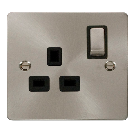 Scolmore Click Define Flat plate FPBS535BK 13A 1 Gang DP Switched Socket Outlet Brushed Steel Black Insert