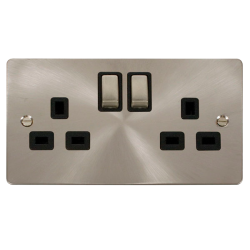 Scolmore Click Define Flat plate FPBS536BK 13A 2 Gang DP Switched Socket Outlet Brushed Steel Black Insert