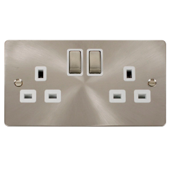 Scolmore Click Define Flat plate FPBS536WH 13A 2 Gang DP Switched Socket Outlet Brushed Steel White Insert