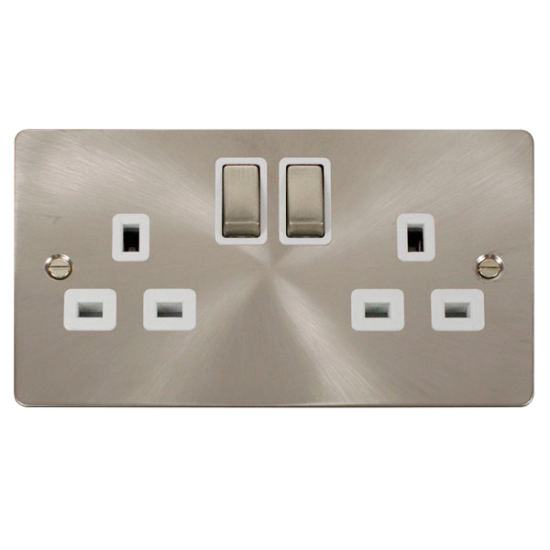 Scolmore Click Define Flat plate FPBS536WH 13A 2 Gang DP Switched Socket Outlet Brushed Steel White Insert