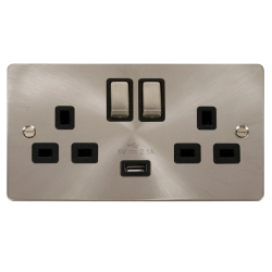 Scolmore Click Define Flat plate FPBS570BK 13A 2 Gang Switched Socket Outlet With Single 2.1A USB Outlet Brushed Steel Black Insert