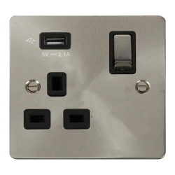Scolmore Click Define Flat plate FPBS571UBK 13A 1 Gang Switched Socket Outlet With Single 2.1A USB Outlet Brushed Steel Black Insert