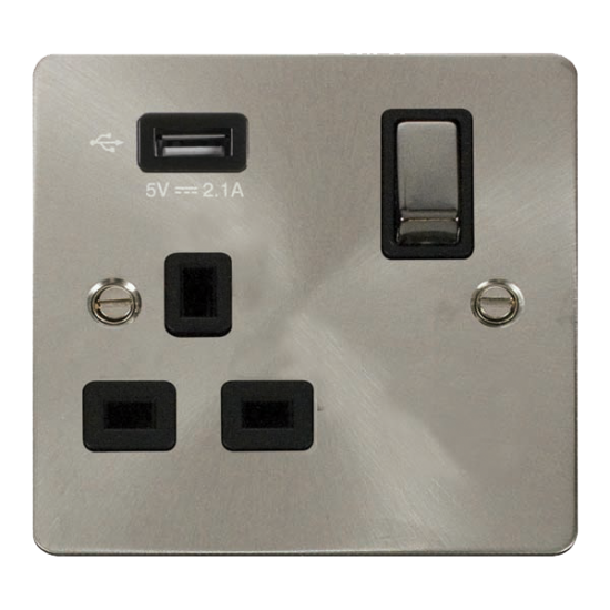 Scolmore Click Define Flat plate FPBS571UBK 13A 1 Gang Switched Socket Outlet With Single 2.1A USB Outlet Brushed Steel Black Insert