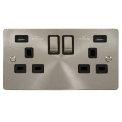 Scolmore Click Define Flat plate FPBS580BK 13A 2 Gang Switched Socket Outlet With Twin USB (Total 4.2A) Outlets Brushed Steel Black Insert