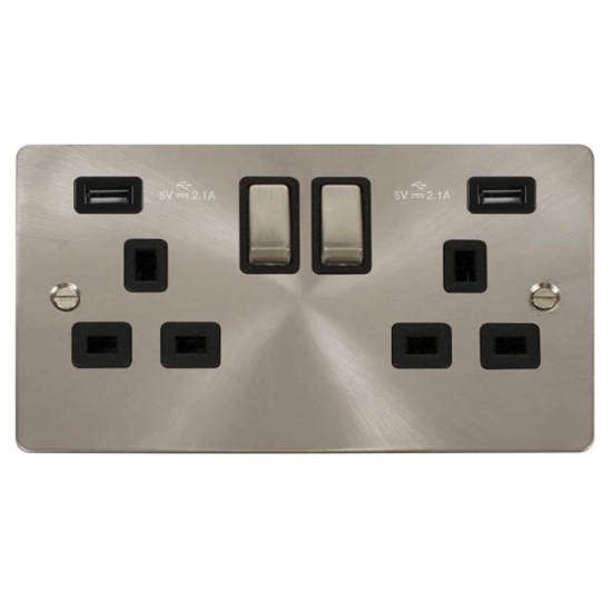 Scolmore Click Define Flat plate FPBS580BK 13A 2 Gang Switched Socket Outlet With Twin USB (Total 4.2A) Outlets Brushed Steel Black Insert
